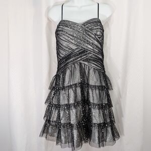Jump Apparel Tiered-Ruffle Party or Homecoming Dress, Black/Silver, Size 13/14